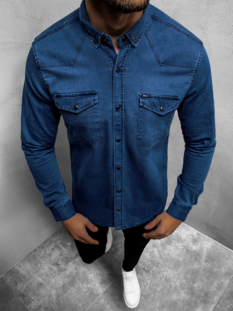 Pánská Džínová Košile Tmavě-Modrá OZONEE O/3466Z