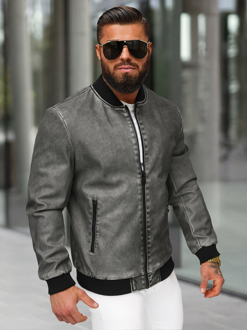 Pánská Koženková Bunda Grafitová OZONEE JS/11Z8107