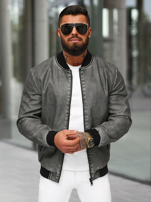 Pánská Koženková Bunda Grafitová OZONEE JS/11Z8107