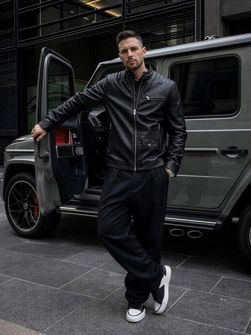 Pánská Koženková Bunda Černá OZONEE JS/11Z8021