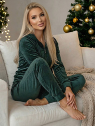 Dámská velurová tepláková souprava tmavě-zelená OZONEE JS/8C1176/9Z