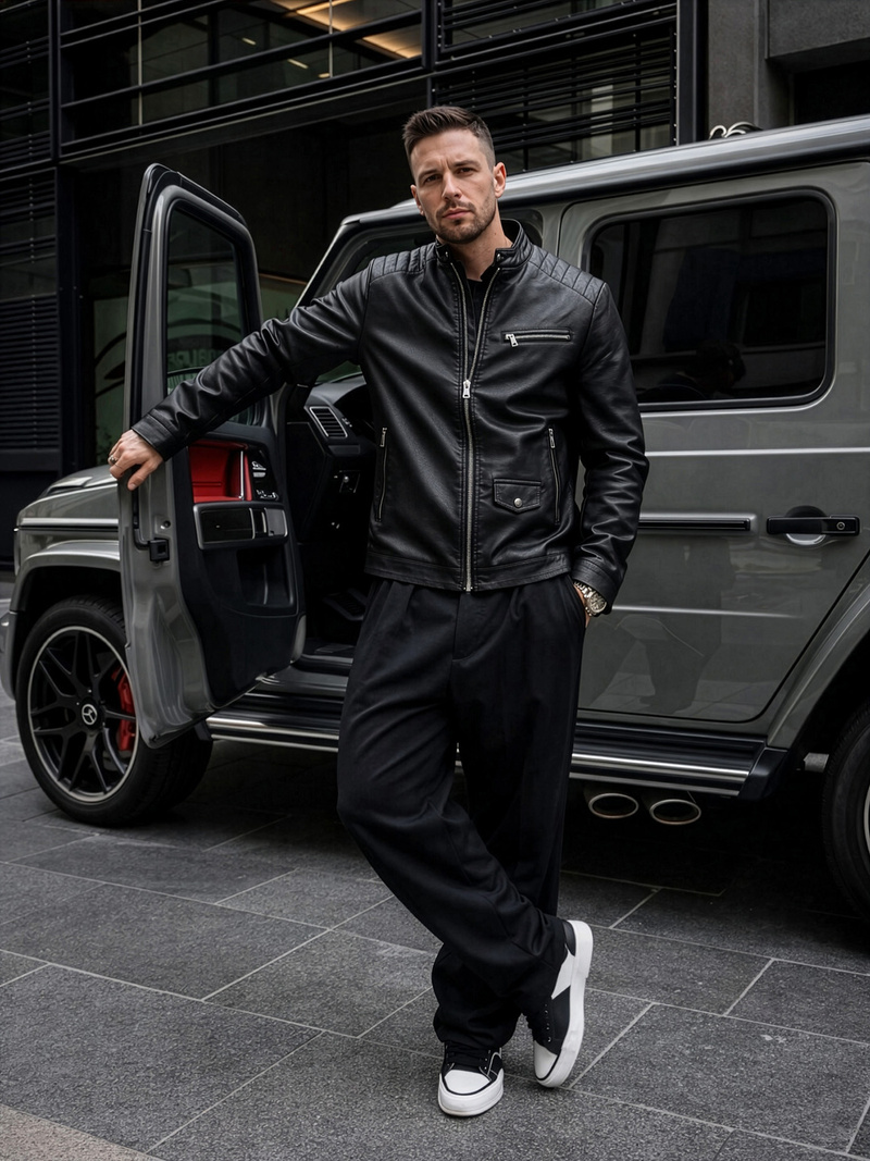 Pánská Koženková Bunda Černá OZONEE JS/11Z8021