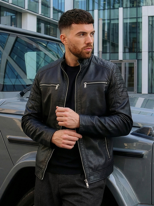 Pánská Koženková Bunda Černá OZONEE JS/11Z8137