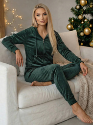 Dámská velurová tepláková souprava tmavě-zelená OZONEE JS/8C1176/9Z