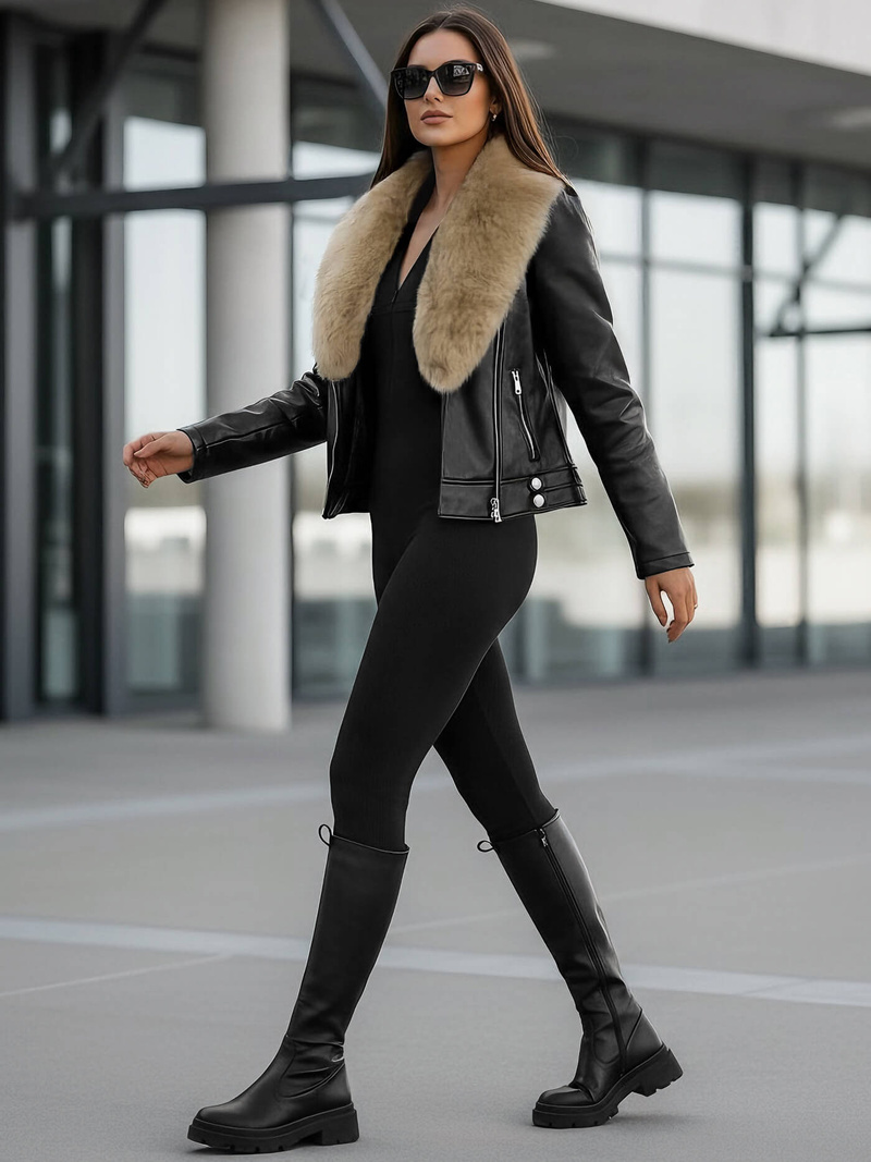 Dámská koženková bunda černo-béžová OZONEE JS/61M8508/392BZ