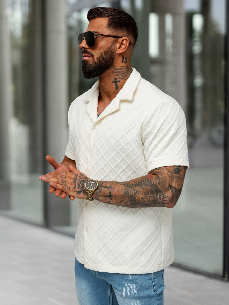 Pánská Košile s Krátkým Rukávem Ecru OZONEE O/B2257