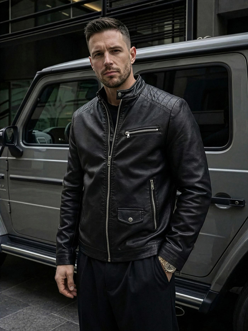 Pánská Koženková Bunda Černá OZONEE JS/11Z8021