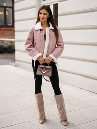 Dámská Kožená Bunda Prášková Růžová OZONEE O/81331