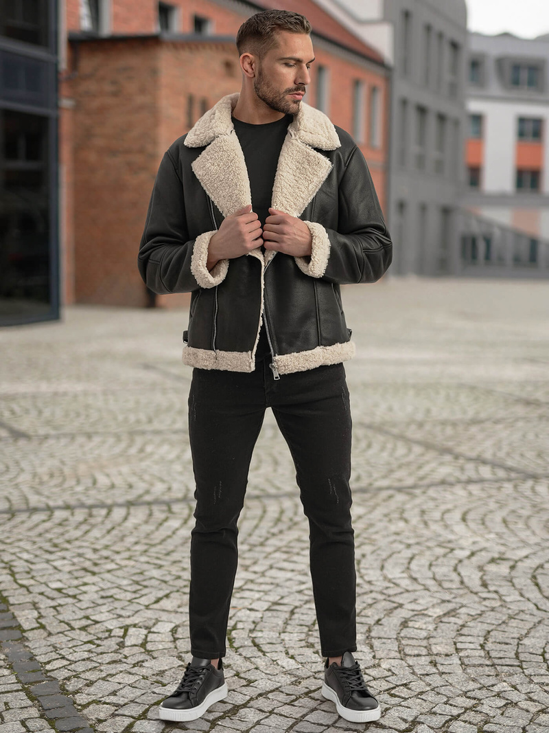 Pánská Koženková Bunda Černá OZONEE JS/11Z8273