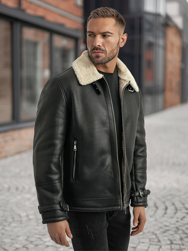 Pánská Koženková Bunda Černá OZONEE JS/11Z8271