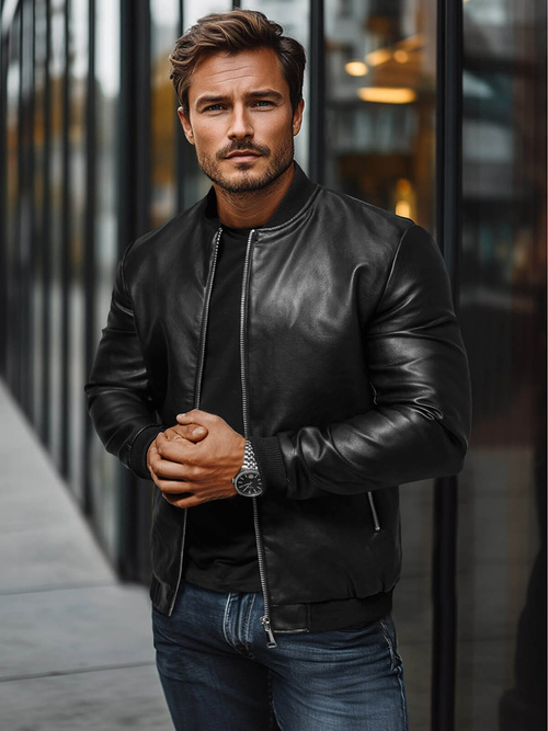 Pánská Koženková Bunda Černá OZONEE JS/11Z8106Z