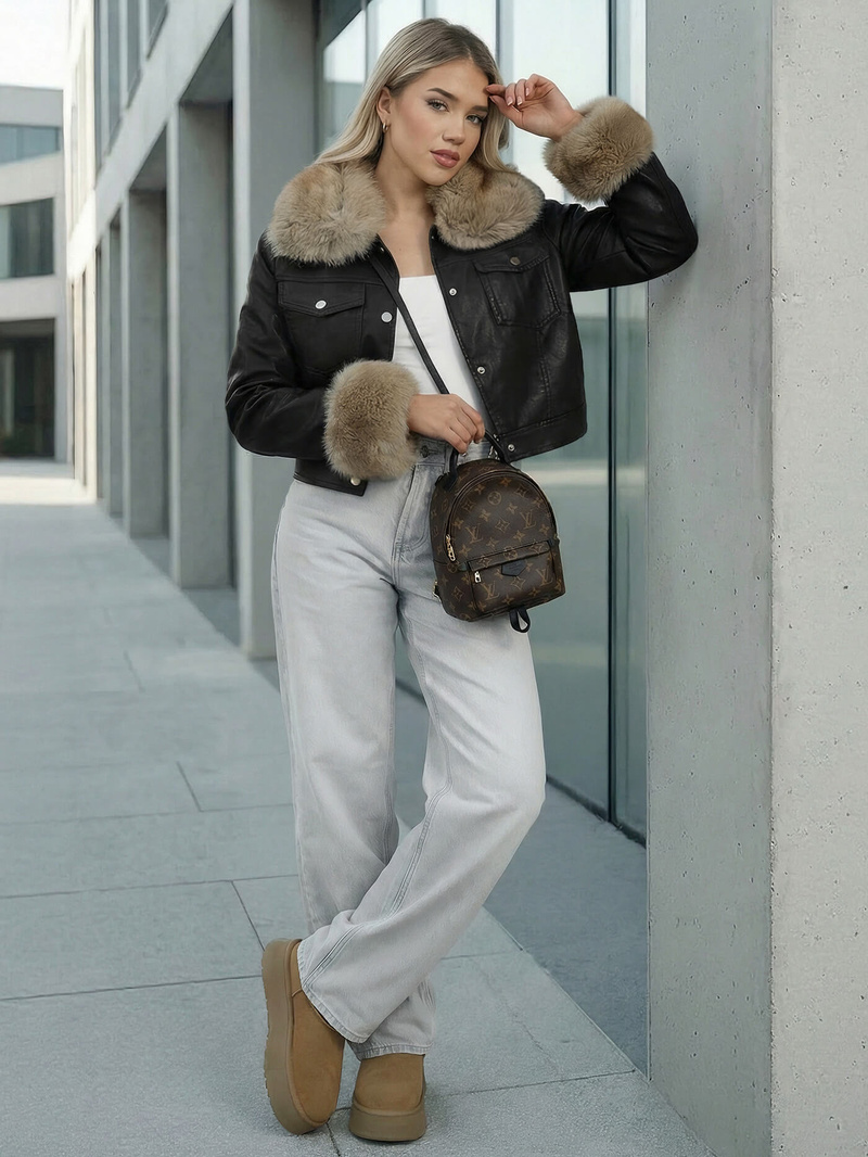 Dámská koženková bunda černo-béžová OZONEE JS/61M8513/392B