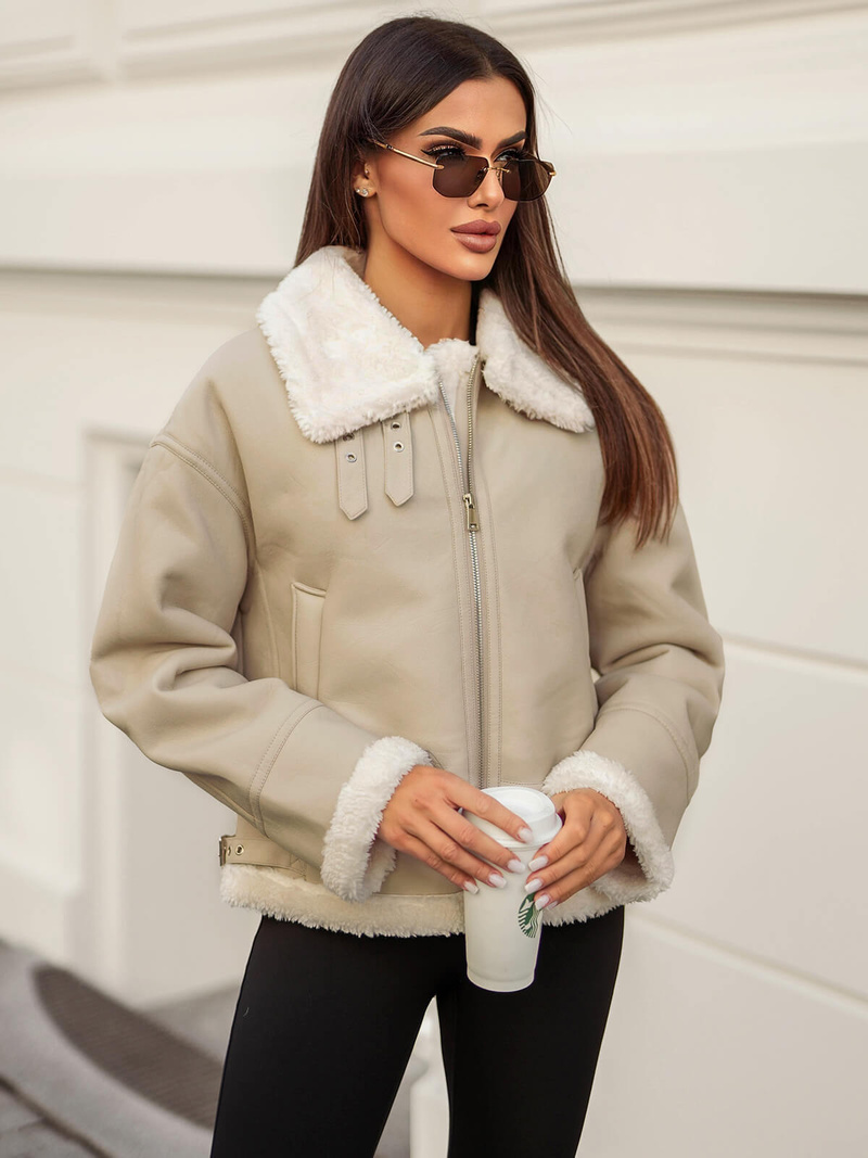 Dámská Kožená Bunda Béžová OZONEE JS/11Z8178