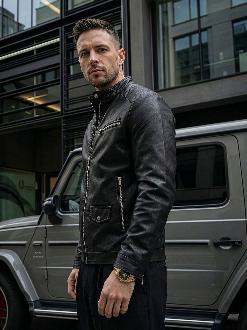 Pánská Koženková Bunda Černá OZONEE JS/11Z8021