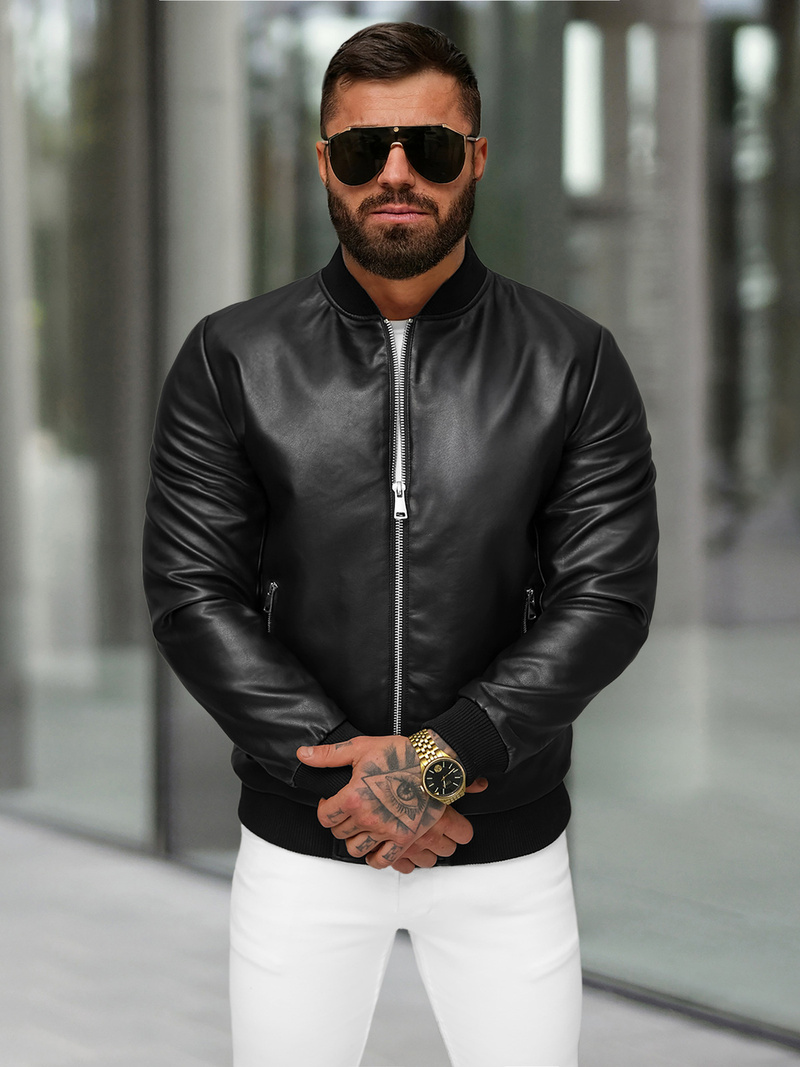 Pánská Koženková Bunda Černá OZONEE JS/11Z8107