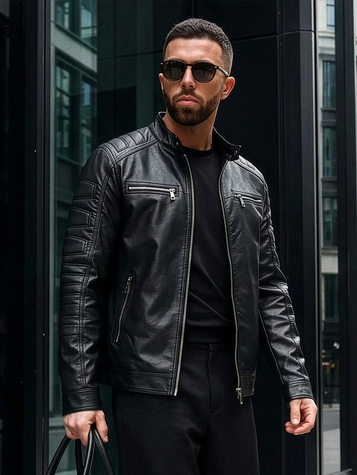 Pánská Koženková Bunda Černá OZONEE JS/11Z8138