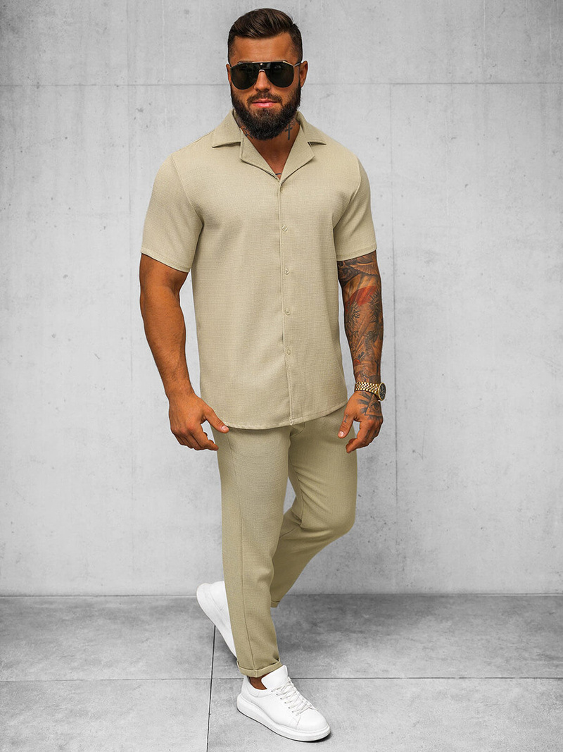 Pánská Košile s Krátkým Rukávem Béžová OZONEE O/Y971T