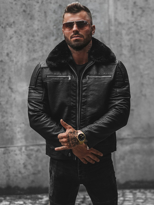 Pánská Koženková Bunda Černá OZONEE JS/11Z8013Z