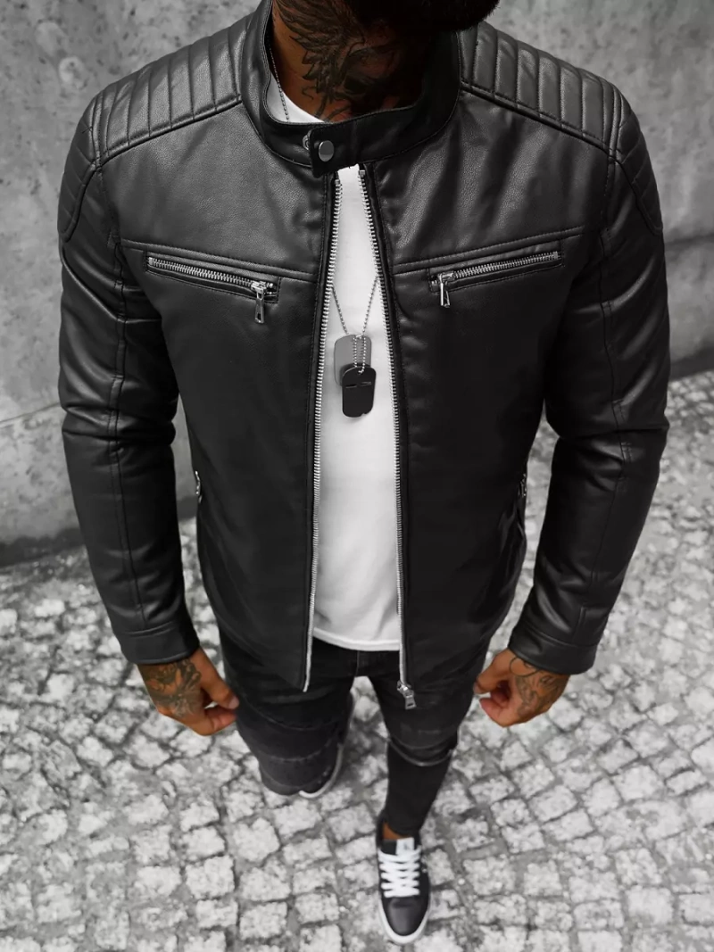 Pánská Koženková Bunda Černá OZONEE JS/11Z8001