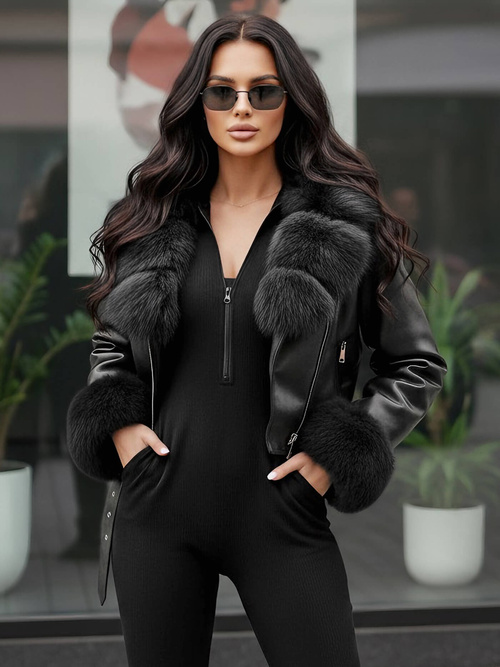 Dámská Koženková Bunda Černá OZONEE JS/61M8511/392AZ