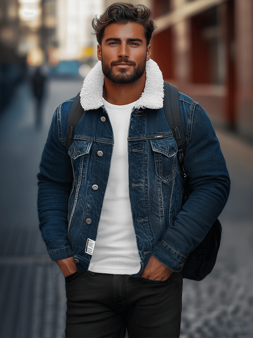 Pánská Džínová Bunda Šerpa Tmavě Modrá OZONEE NB/MJ516BSZ