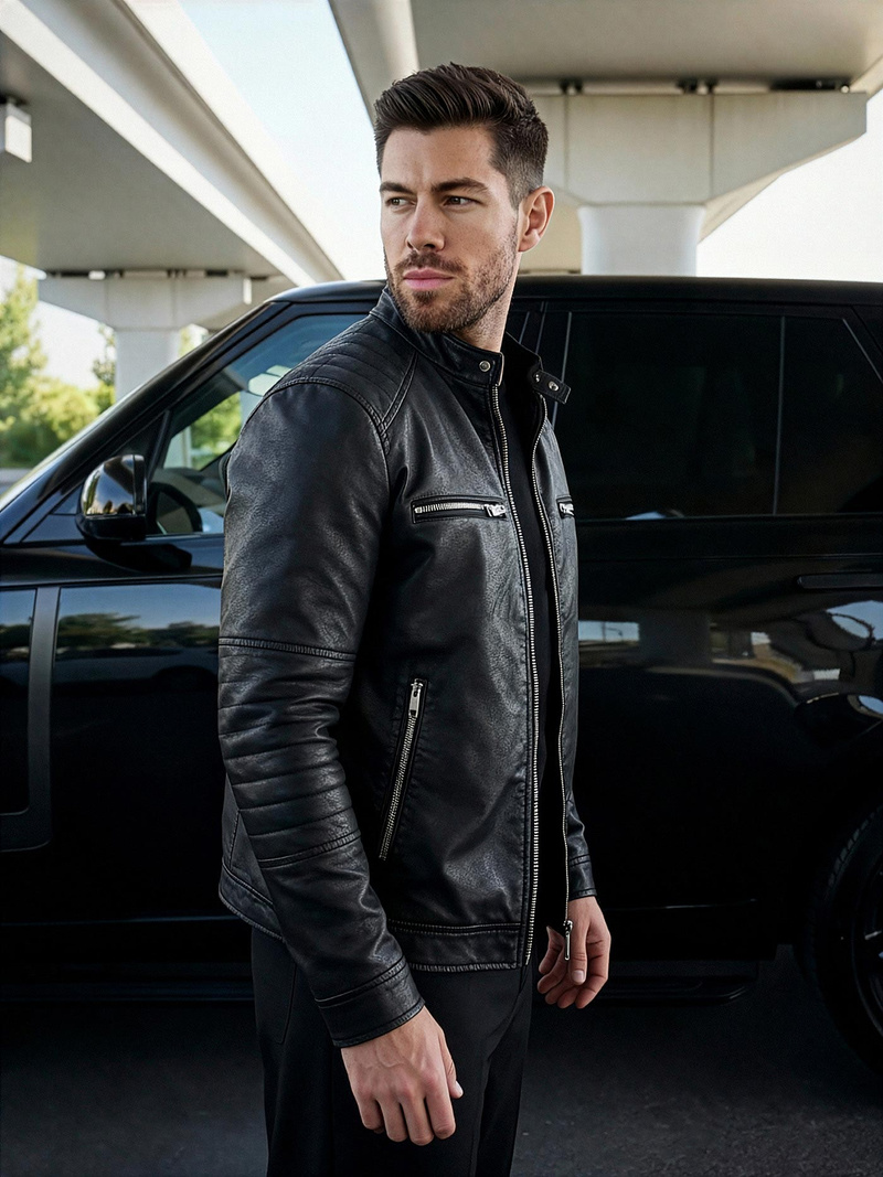 Pánská Koženková Bunda Černá OZONEE JS/11Z8066