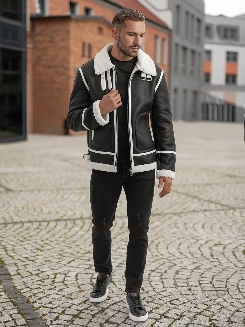 Pánská Koženková Bunda Černá OZONEE JS/11Z8270