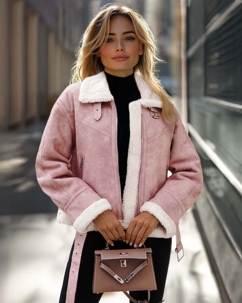 Dámská Kožená Bunda Prášková Růžová OZONEE O/81331Z