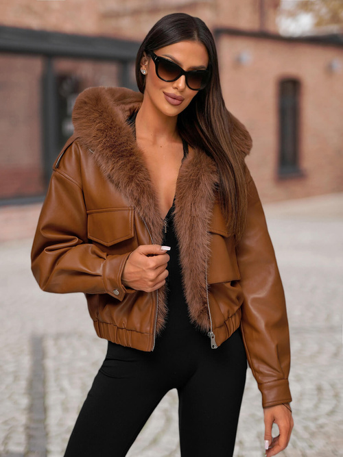 Dámská Kožená Bunda Hnědá OZONEE O/G125