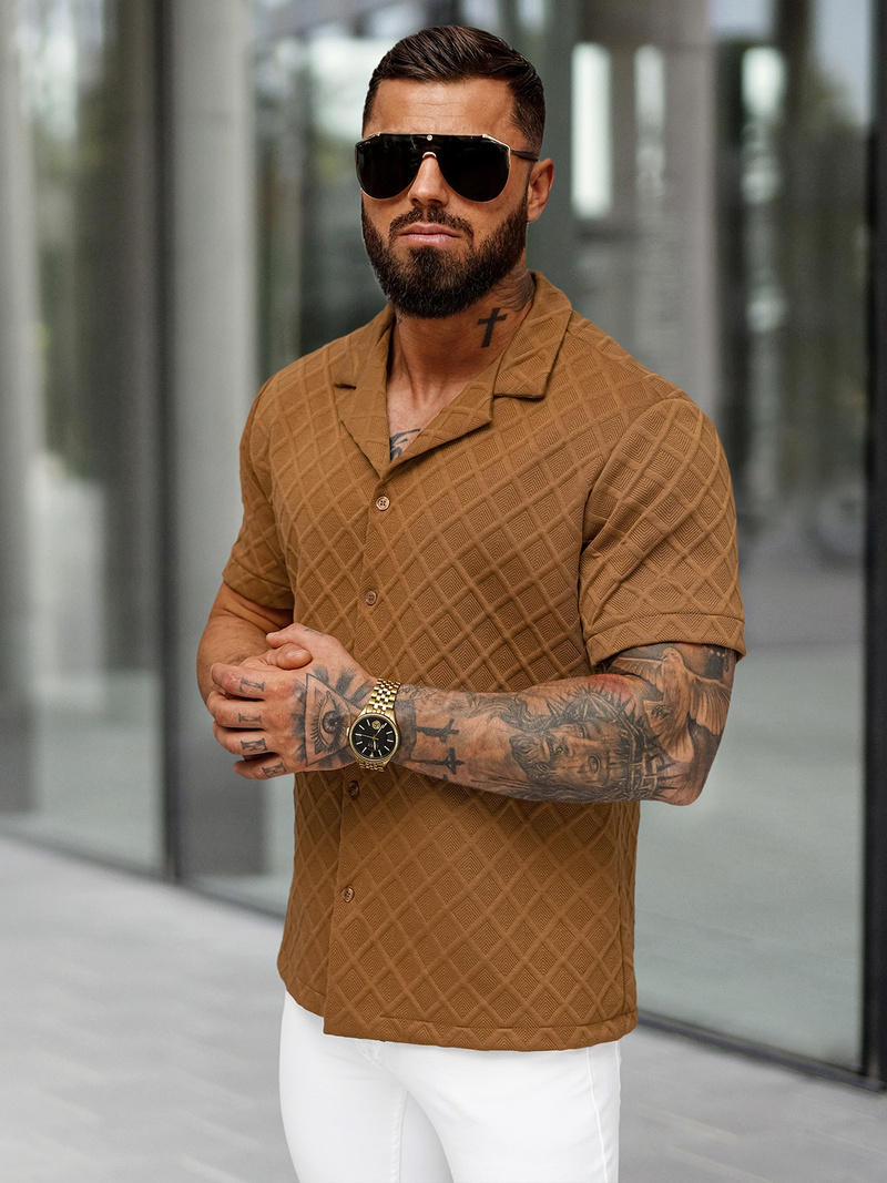 Pánská Košile s Krátkým Rukávem Hnědá OZONEE O/B2257