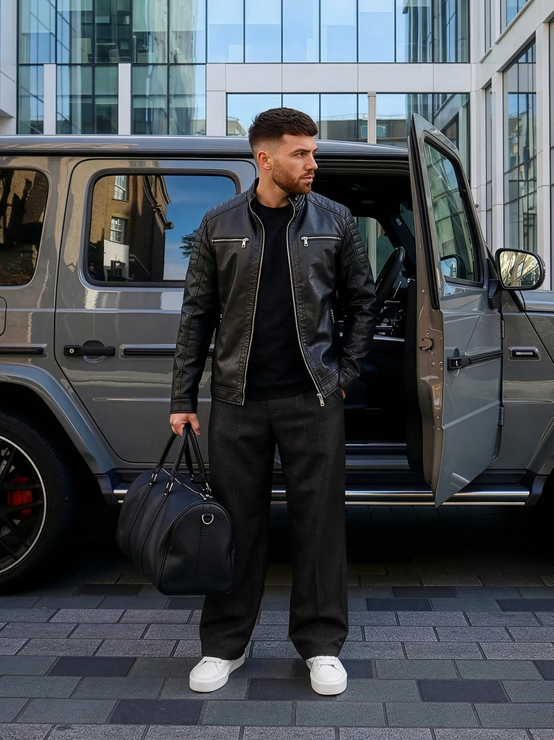 Pánská Koženková Bunda Černá OZONEE JS/11Z8137