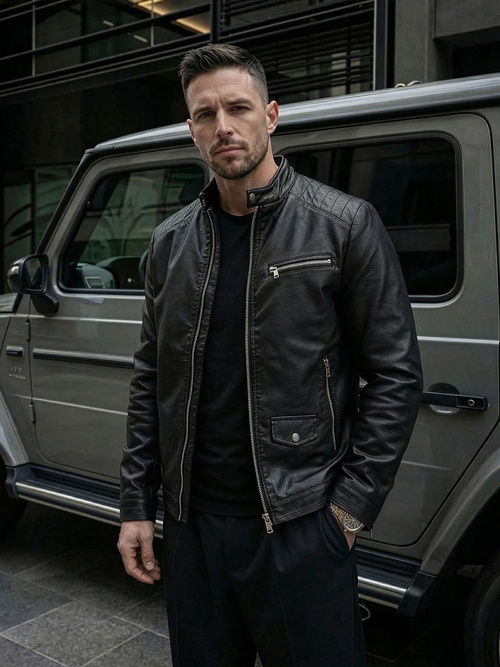 Pánská Koženková Bunda Černá OZONEE JS/11Z8021