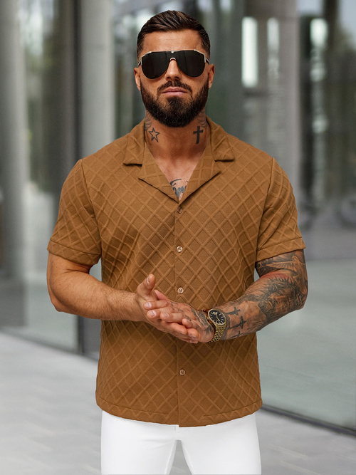 Pánská Košile s Krátkým Rukávem Hnědá OZONEE O/B2257