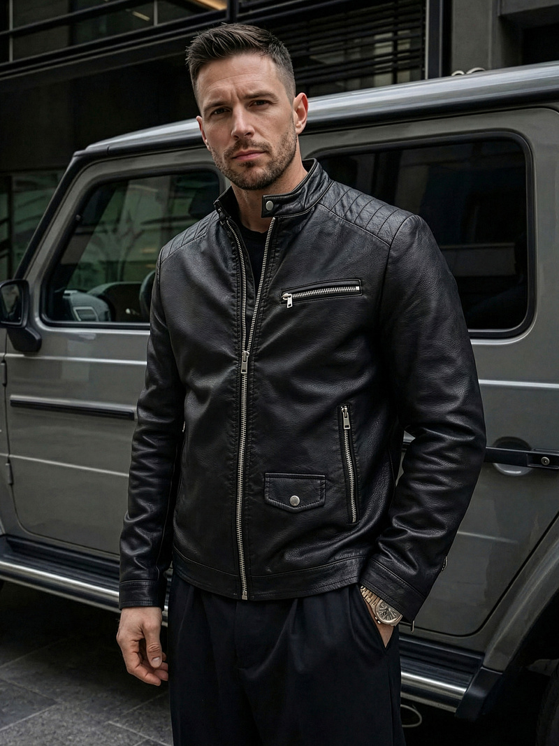 Pánská Koženková Bunda Černá OZONEE JS/11Z8021