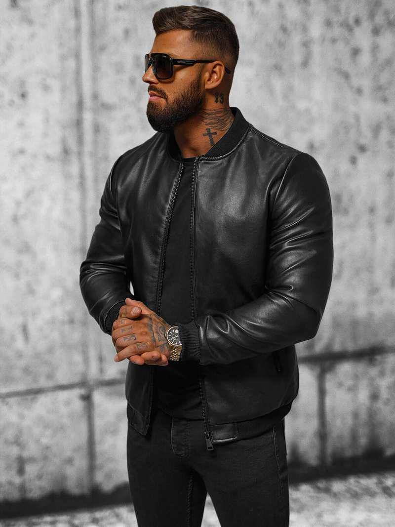 Pánská Koženková Bunda Černá OZONEE JS/11Z8107